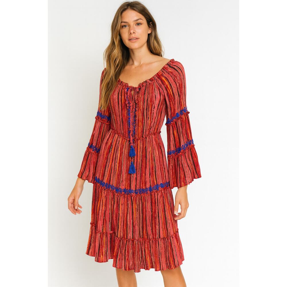 Raga Red Burnt Orange Metallic Thread Boho Tiered Dress Festival Size XS